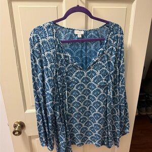 J. Jill Blue Patterned V-Neck Long Sleeve Blouse